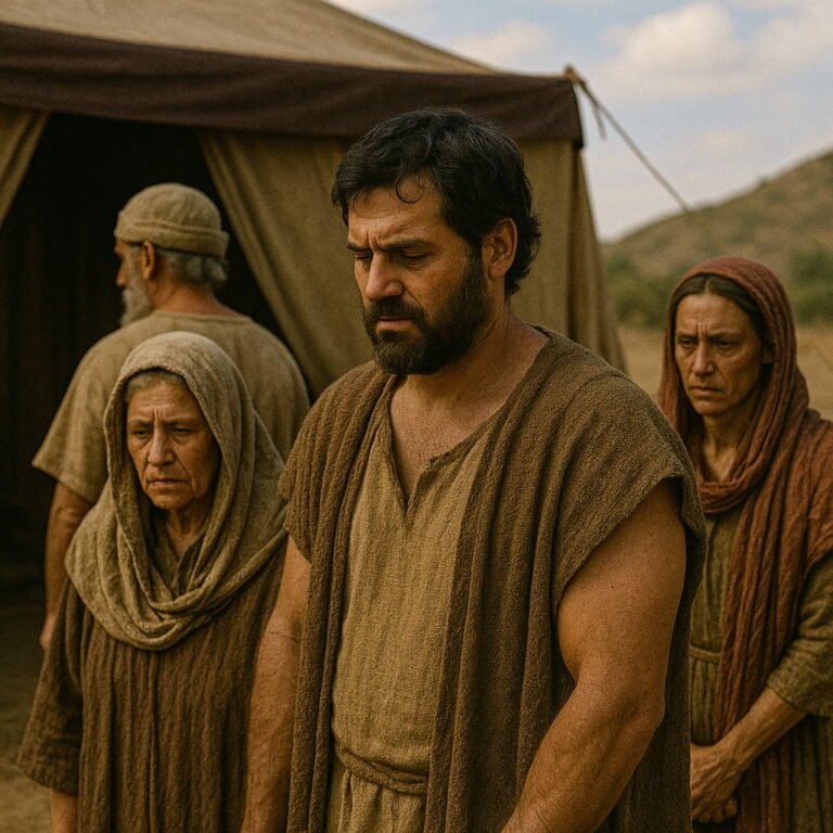 Somber-faced people stand near the entrance of the Lord’s tent, in sorrow and repentance, turning their backs on the sacred place.