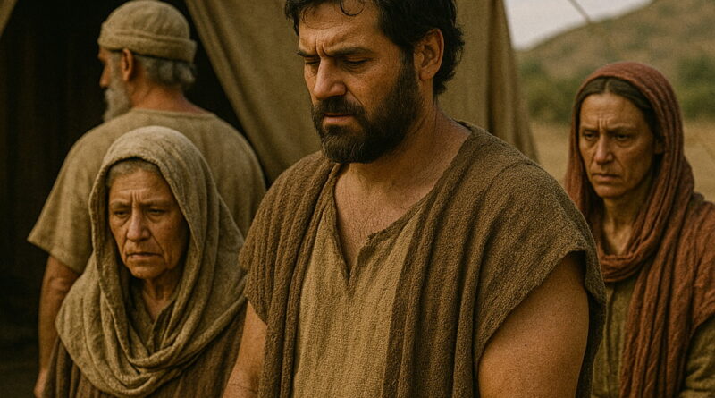 Somber-faced people stand near the entrance of the Lord’s tent, in sorrow and repentance, turning their backs on the sacred place.