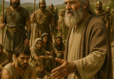An elderly man urges soldiers and people to release their captive brethren in a dry, biblical landscape.
