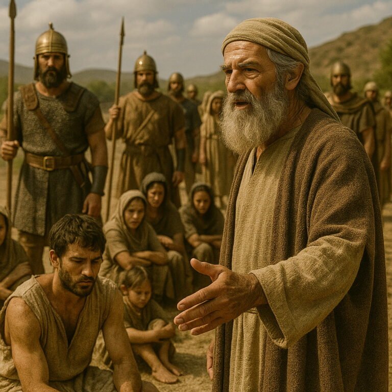 An elderly man urges soldiers and people to release their captive brethren in a dry, biblical landscape.
