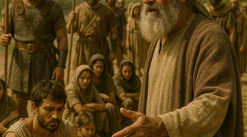 An elderly man urges soldiers and people to release their captive brethren in a dry, biblical landscape.