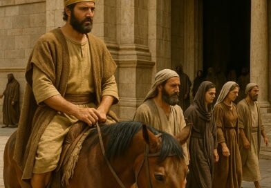 A king on horseback watches solemnly as the people walk past the temple, continuing in their disobedience.