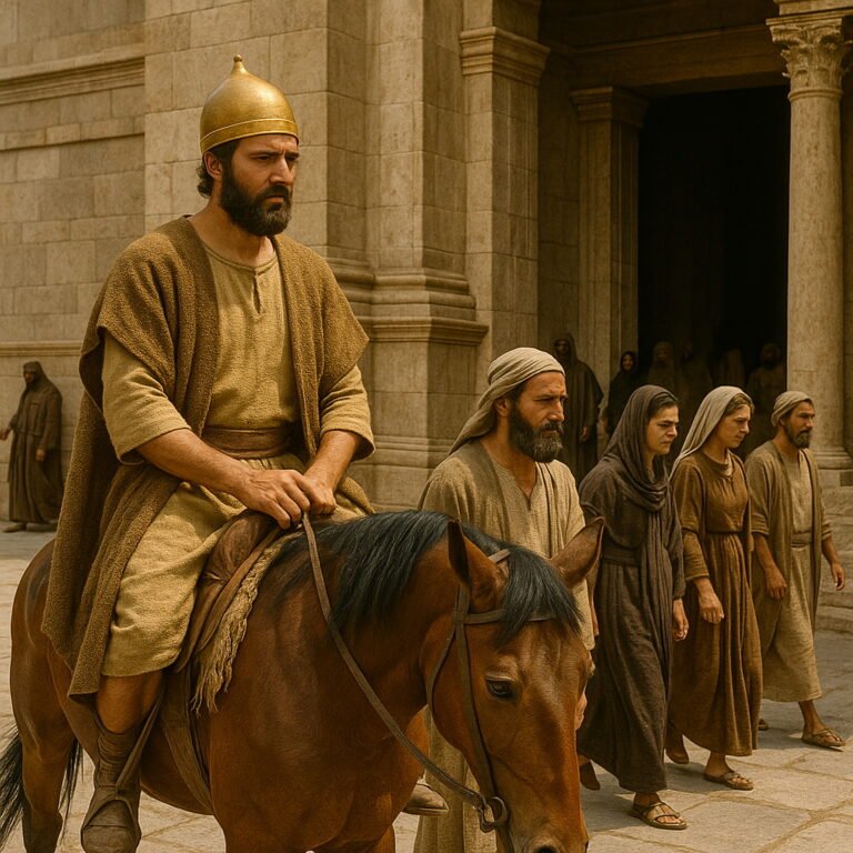 A king on horseback watches solemnly as the people walk past the temple, continuing in their disobedience.