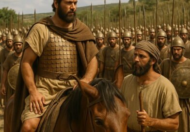 King Uzziah's army assembled for battle, led by the mounted king and his advisor in the sunlit landscape.