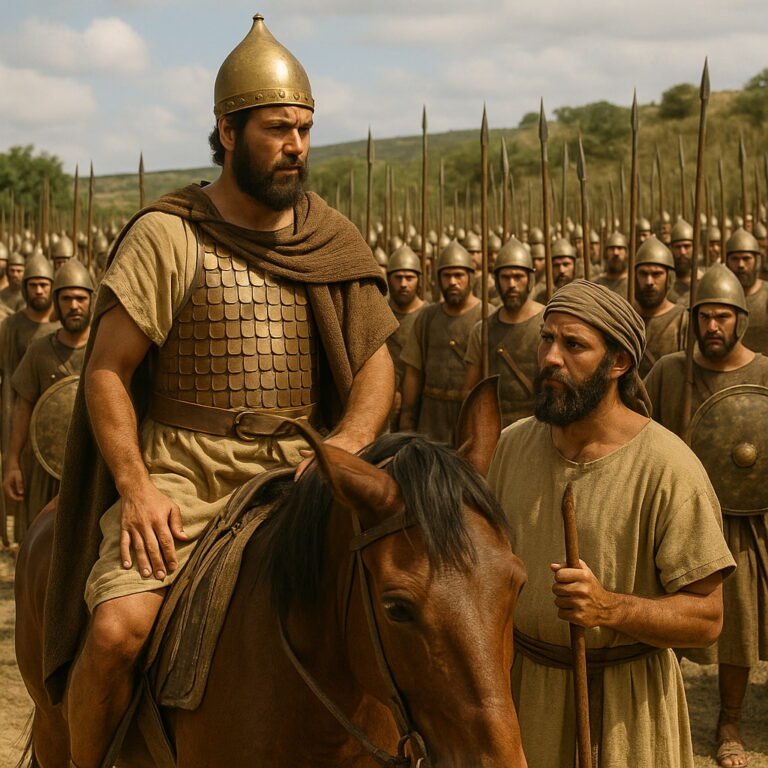King Uzziah's army assembled for battle, led by the mounted king and his advisor in the sunlit landscape.