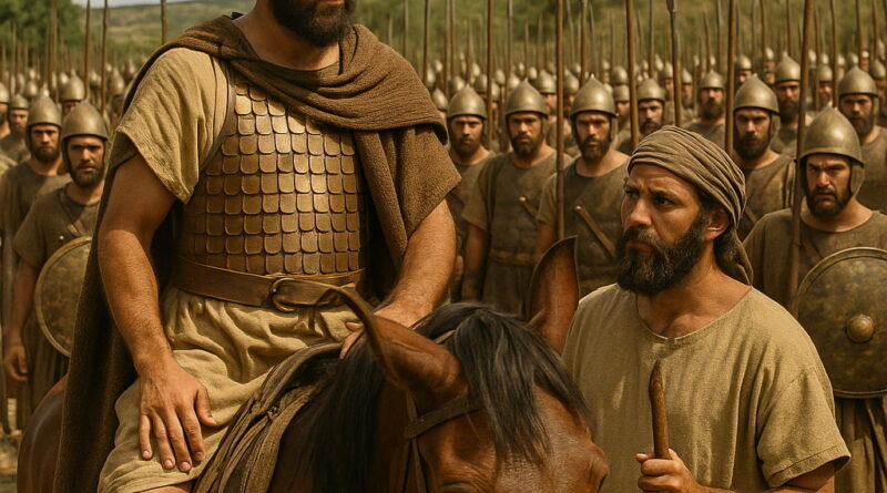 King Uzziah's army assembled for battle, led by the mounted king and his advisor in the sunlit landscape.