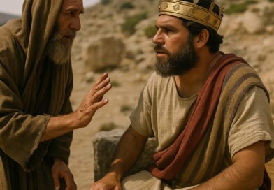 A prophet warns the seated king not to ally with Israel’s army, in a rocky, ancient landscape.