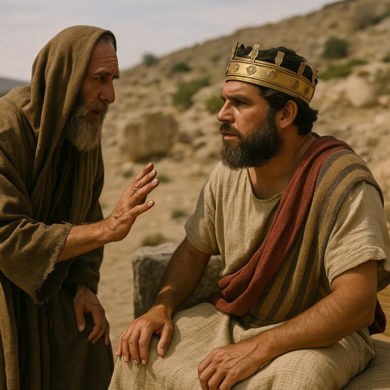 A prophet warns the seated king not to ally with Israel’s army, in a rocky, ancient landscape.