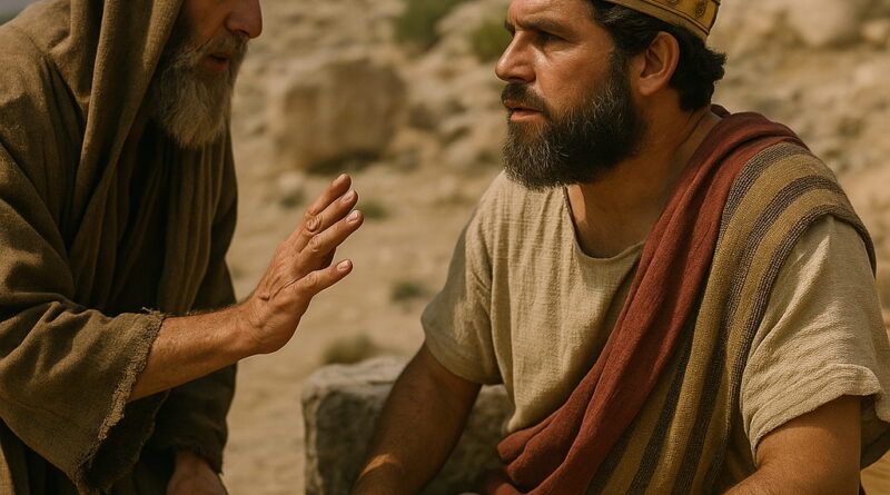 A prophet warns the seated king not to ally with Israel’s army, in a rocky, ancient landscape.
