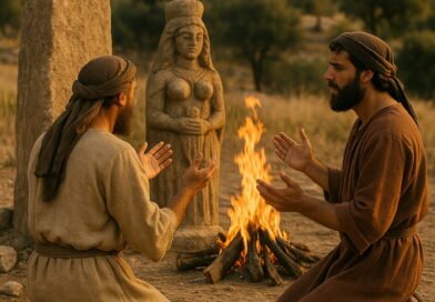 Two men kneel beside a fire, praying before an Asherah idol statue in a rocky, desert-like landscape.