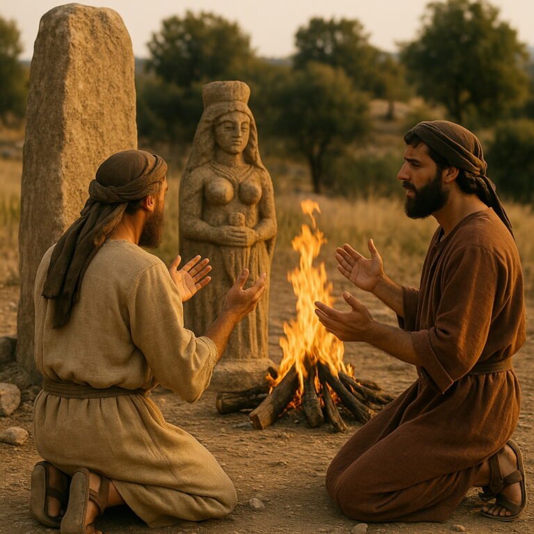 Two men kneel beside a fire, praying before an Asherah idol statue in a rocky, desert-like landscape.