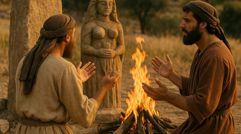 Two men kneel beside a fire, praying before an Asherah idol statue in a rocky, desert-like landscape.
