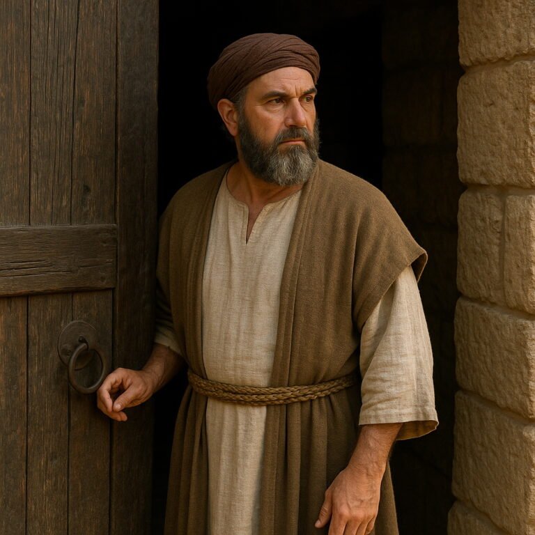 A Levite man stands guard at a temple doorway, holding the handle and looking to the side with a serious expression.