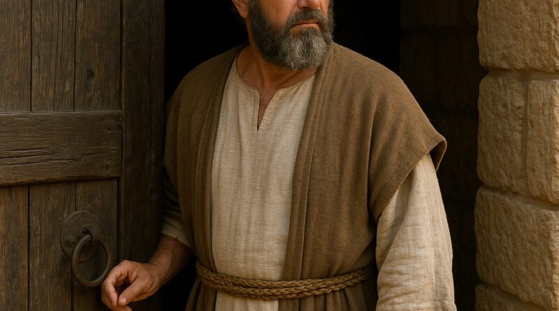 A Levite man stands guard at a temple doorway, holding the handle and looking to the side with a serious expression.