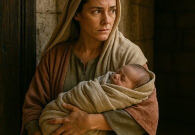 A woman with a solemn expression holds a baby in her arms inside a stone-walled room, looking anxiously to the side.