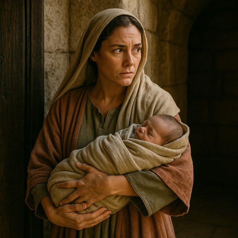 A woman with a solemn expression holds a baby in her arms inside a stone-walled room, looking anxiously to the side.