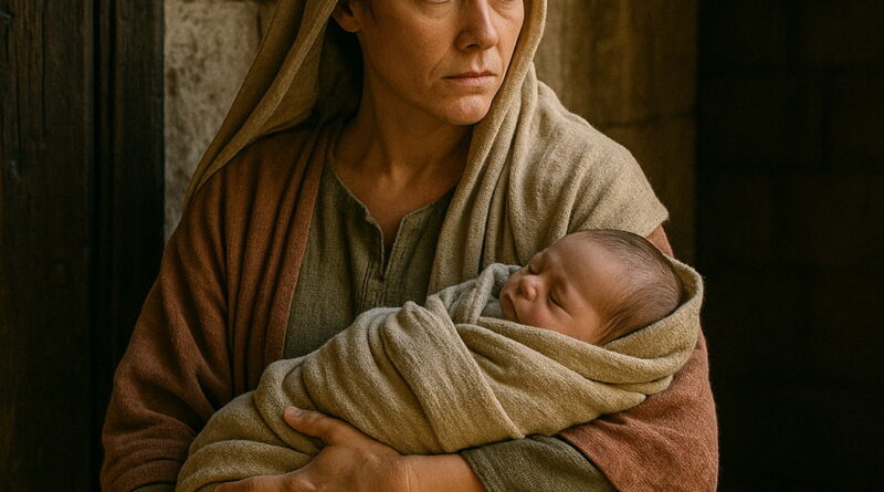 A woman with a solemn expression holds a baby in her arms inside a stone-walled room, looking anxiously to the side.