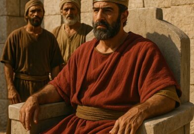 A newly chosen Edomite king sits on a throne in a red robe, with three men standing behind him.