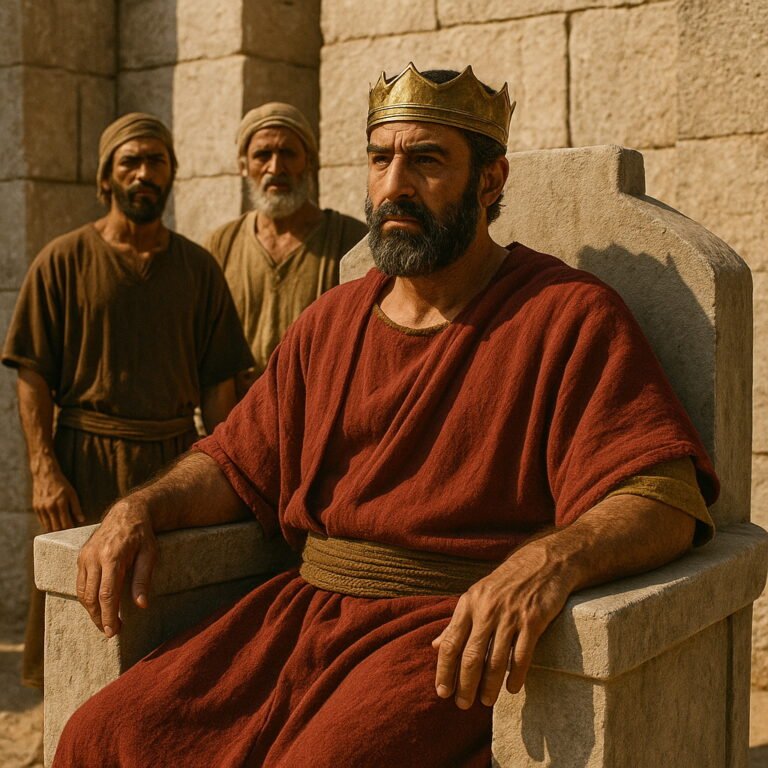 A newly chosen Edomite king sits on a throne in a red robe, with three men standing behind him.