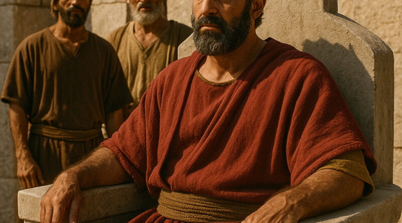 A newly chosen Edomite king sits on a throne in a red robe, with three men standing behind him.