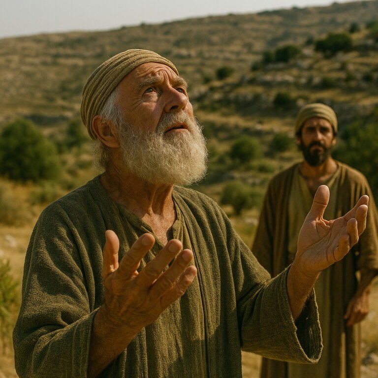 An elderly man lifts his hands in prayer in a hilly landscape, with a younger man watching behind him.