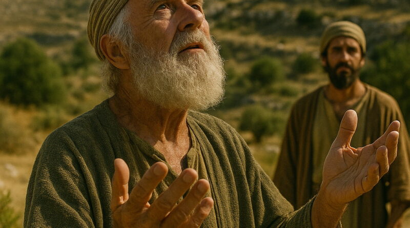 An elderly man lifts his hands in prayer in a hilly landscape, with a younger man watching behind him.