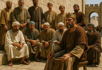 A king sits on ancient Jerusalem stone pavement, surrounded by leaders, Levites, and priests in a solemn gathering.