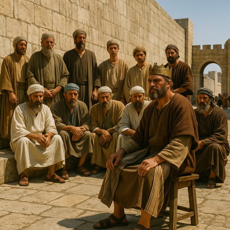 A king sits on ancient Jerusalem stone pavement, surrounded by leaders, Levites, and priests in a solemn gathering.