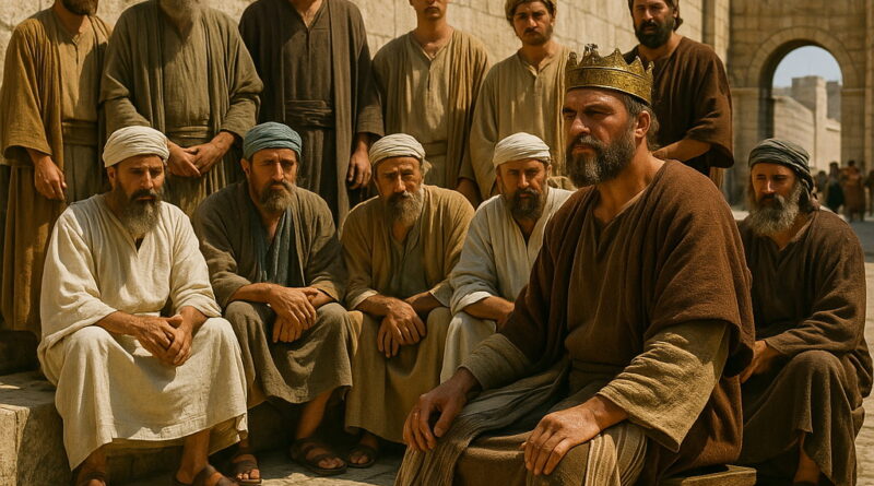 A king sits on ancient Jerusalem stone pavement, surrounded by leaders, Levites, and priests in a solemn gathering.