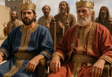 Two ancient kings wearing royal robes and crowns sit on wooden thrones before a city gate, with prophets standing behind them speaking passionately.