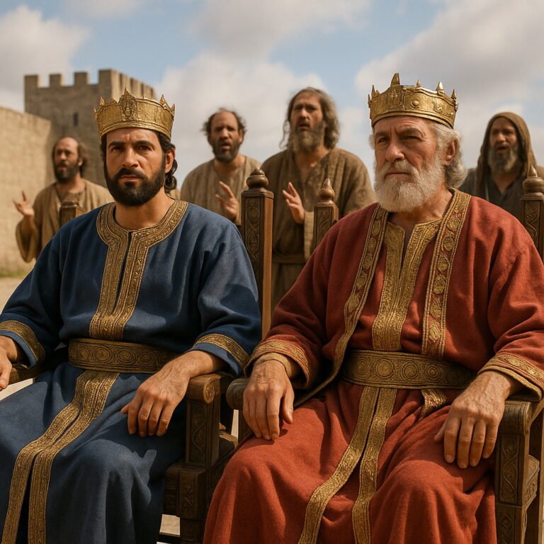 Two ancient kings wearing royal robes and crowns sit on wooden thrones before a city gate, with prophets standing behind them speaking passionately.
