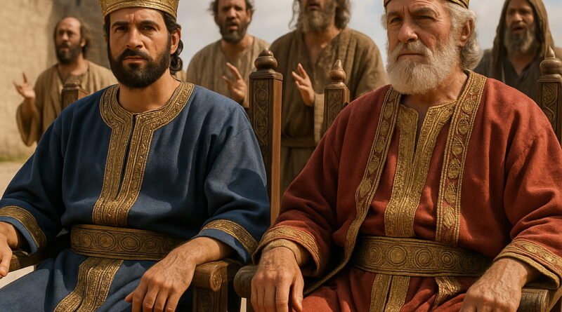 Two ancient kings wearing royal robes and crowns sit on wooden thrones before a city gate, with prophets standing behind them speaking passionately.