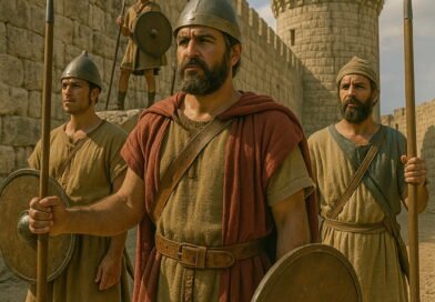 Four ancient soldiers with spears and shields stand guard in front of a large stone fortress under a partly cloudy sky.