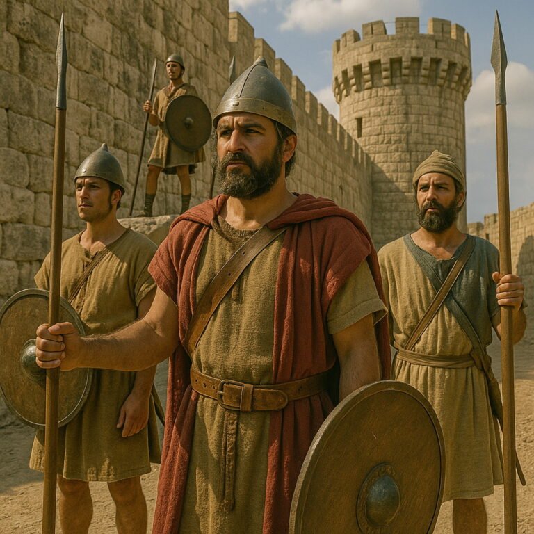 Four ancient soldiers with spears and shields stand guard in front of a large stone fortress under a partly cloudy sky.