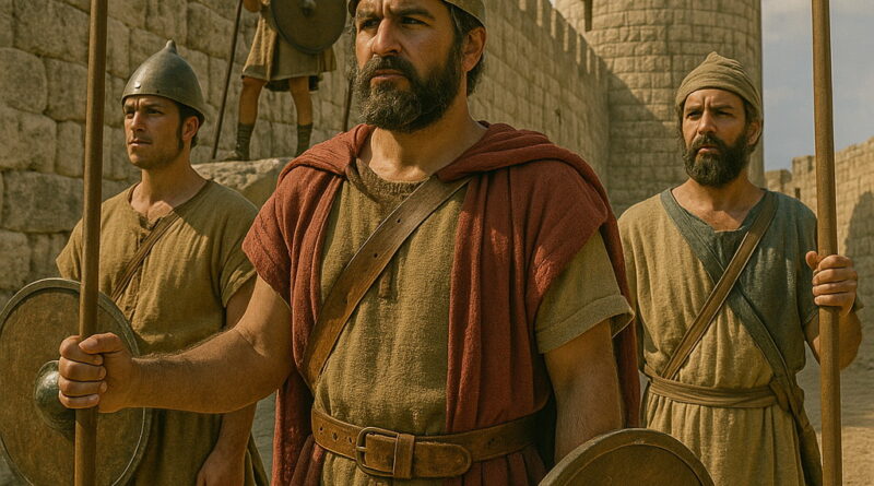 Four ancient soldiers with spears and shields stand guard in front of a large stone fortress under a partly cloudy sky.