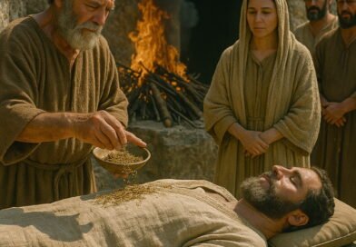 A solemn burial scene with mourners placing spices on a shrouded body before a tomb, with a ceremonial fire burning in the background.