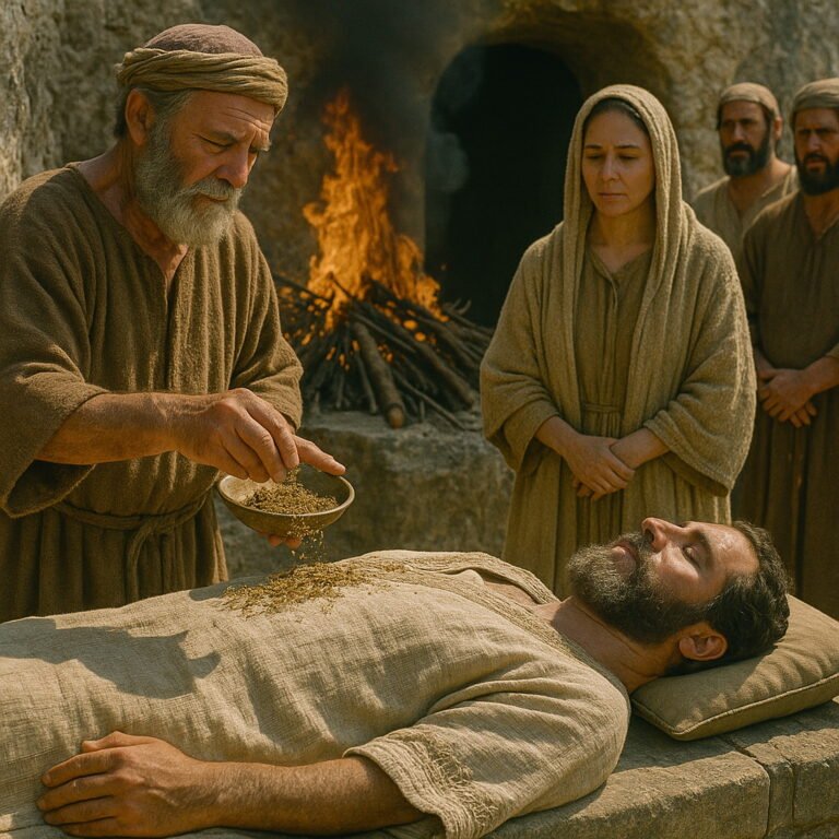 A solemn burial scene with mourners placing spices on a shrouded body before a tomb, with a ceremonial fire burning in the background.
