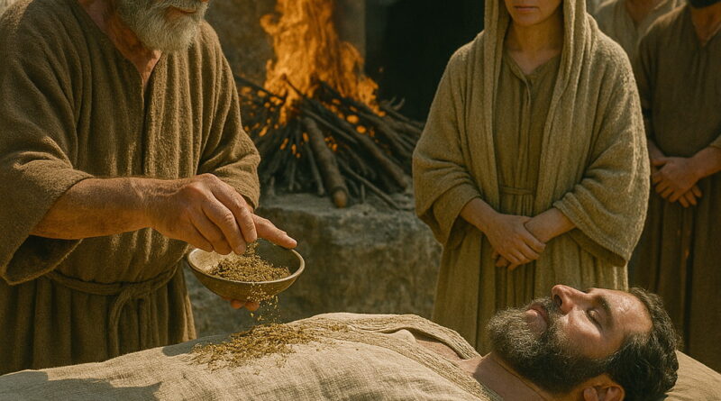A solemn burial scene with mourners placing spices on a shrouded body before a tomb, with a ceremonial fire burning in the background.