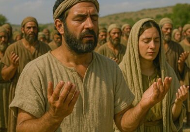 A group of ancient Israelites stand with eyes closed and hands lifted in prayer, led by a man in front under a sunny sky.