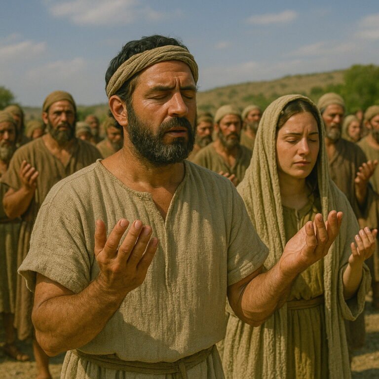 A group of ancient Israelites stand with eyes closed and hands lifted in prayer, led by a man in front under a sunny sky.