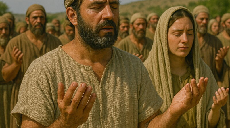 A group of ancient Israelites stand with eyes closed and hands lifted in prayer, led by a man in front under a sunny sky.