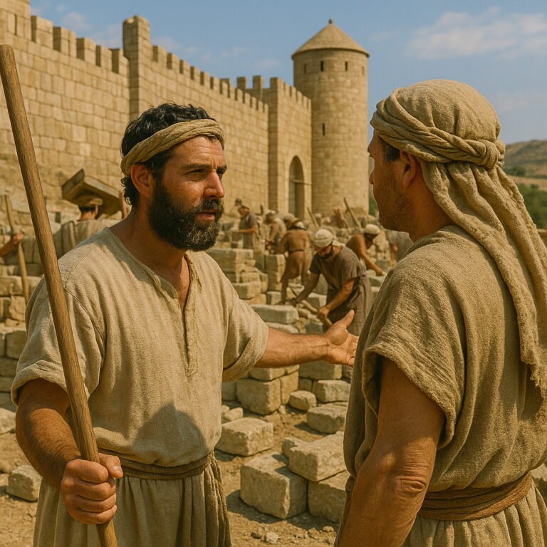 Two men in ancient attire discuss construction as laborers build stone fortifications with towers and gates under a bright sky.