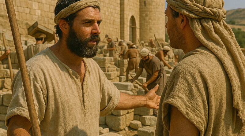 Two men in ancient attire discuss construction as laborers build stone fortifications with towers and gates under a bright sky.