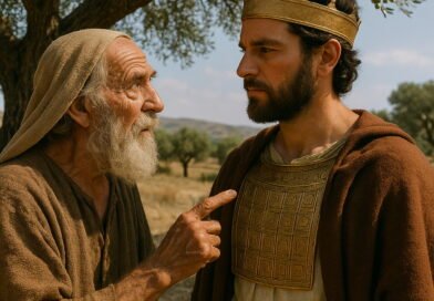 An elderly man points earnestly at a bearded young king wearing a golden crown and breastplate, standing under an olive tree in a dry, ancient landscape.