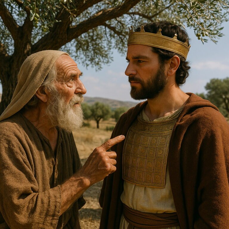An elderly man points earnestly at a bearded young king wearing a golden crown and breastplate, standing under an olive tree in a dry, ancient landscape.