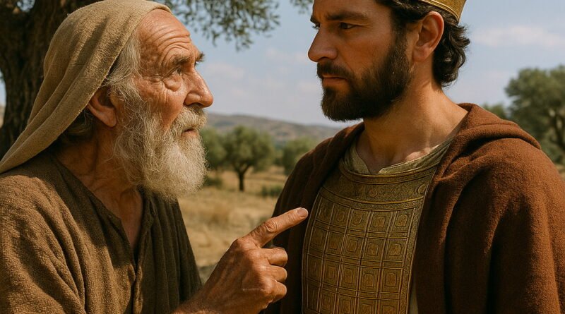 An elderly man points earnestly at a bearded young king wearing a golden crown and breastplate, standing under an olive tree in a dry, ancient landscape.