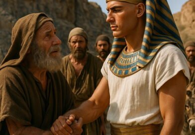 An elderly Israelite grasps the hand of a regal young Egyptian in ancient clothing, surrounded by other Israelites and a donkey in a desert landscape.