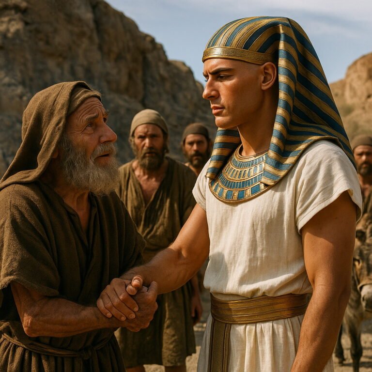 An elderly Israelite grasps the hand of a regal young Egyptian in ancient clothing, surrounded by other Israelites and a donkey in a desert landscape.