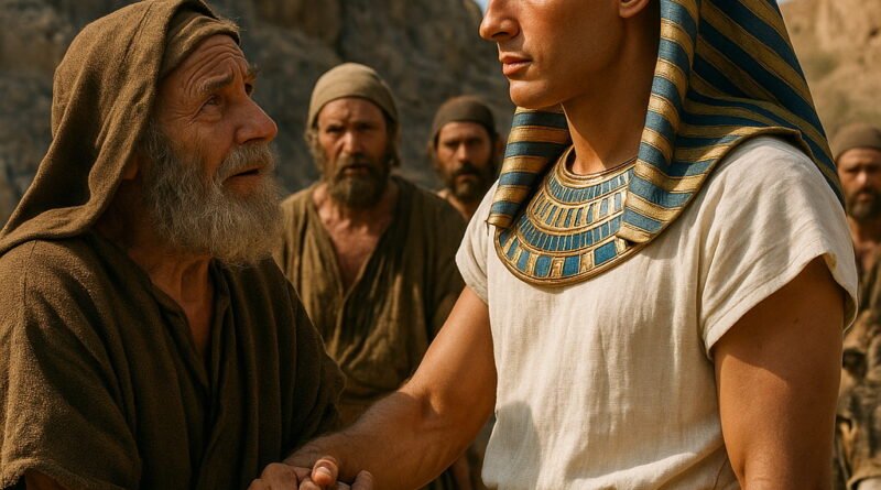 An elderly Israelite grasps the hand of a regal young Egyptian in ancient clothing, surrounded by other Israelites and a donkey in a desert landscape.