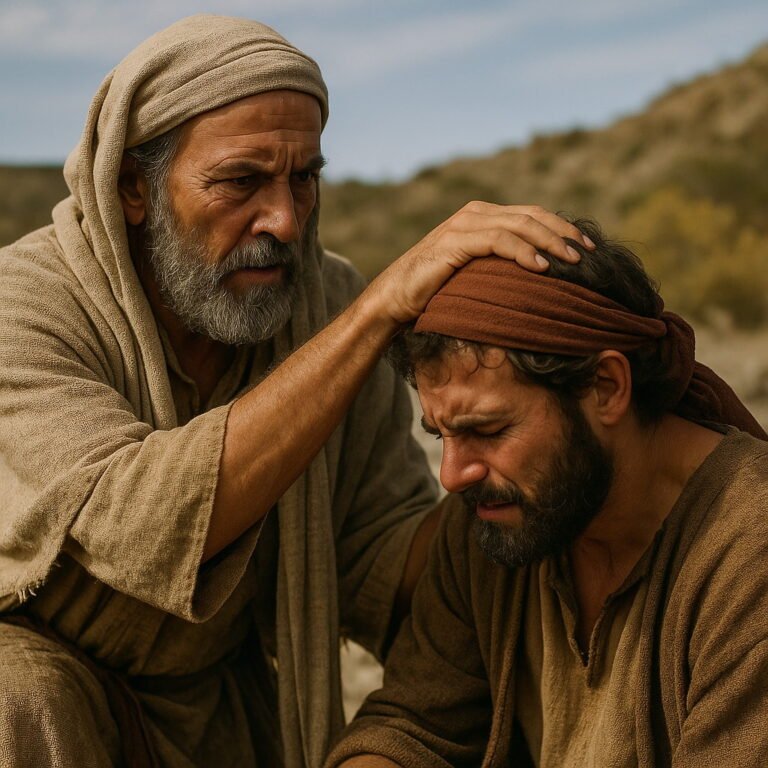 An older man comforts a younger man in distress, placing his hand gently on his head in a biblical setting.